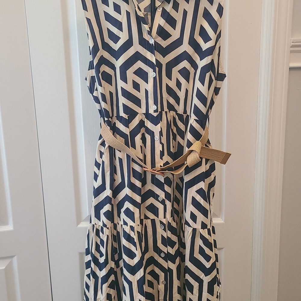 Kaktus Navy and Cream Geometric Button-Front Maxi Dress